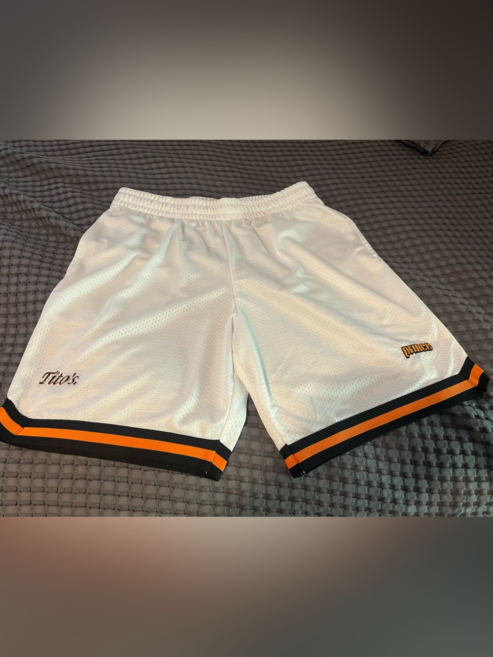 Prince/Tito’s White Mesh Athletic Shorts with Black & Orange Trim